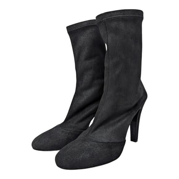 Chanel Stretch Suede High Heel Ankle Booties Black Interlocking CC Logo Gold 39 - Picture 3 of 10